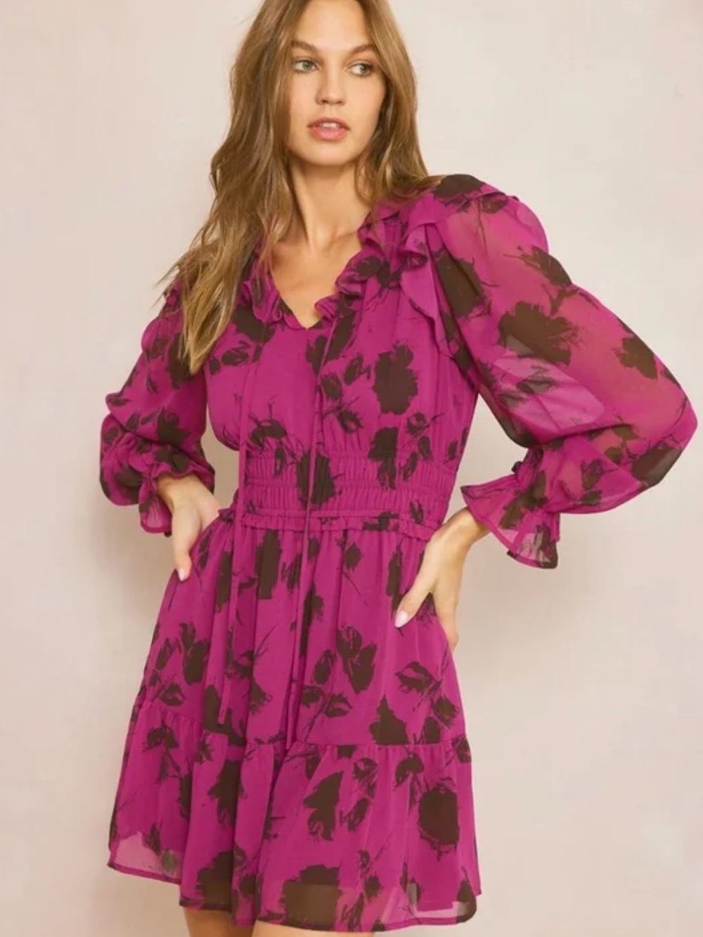 entro Floral Mini Dress- Size Large- Pink & Black Long Sleeve Cocktail Dress